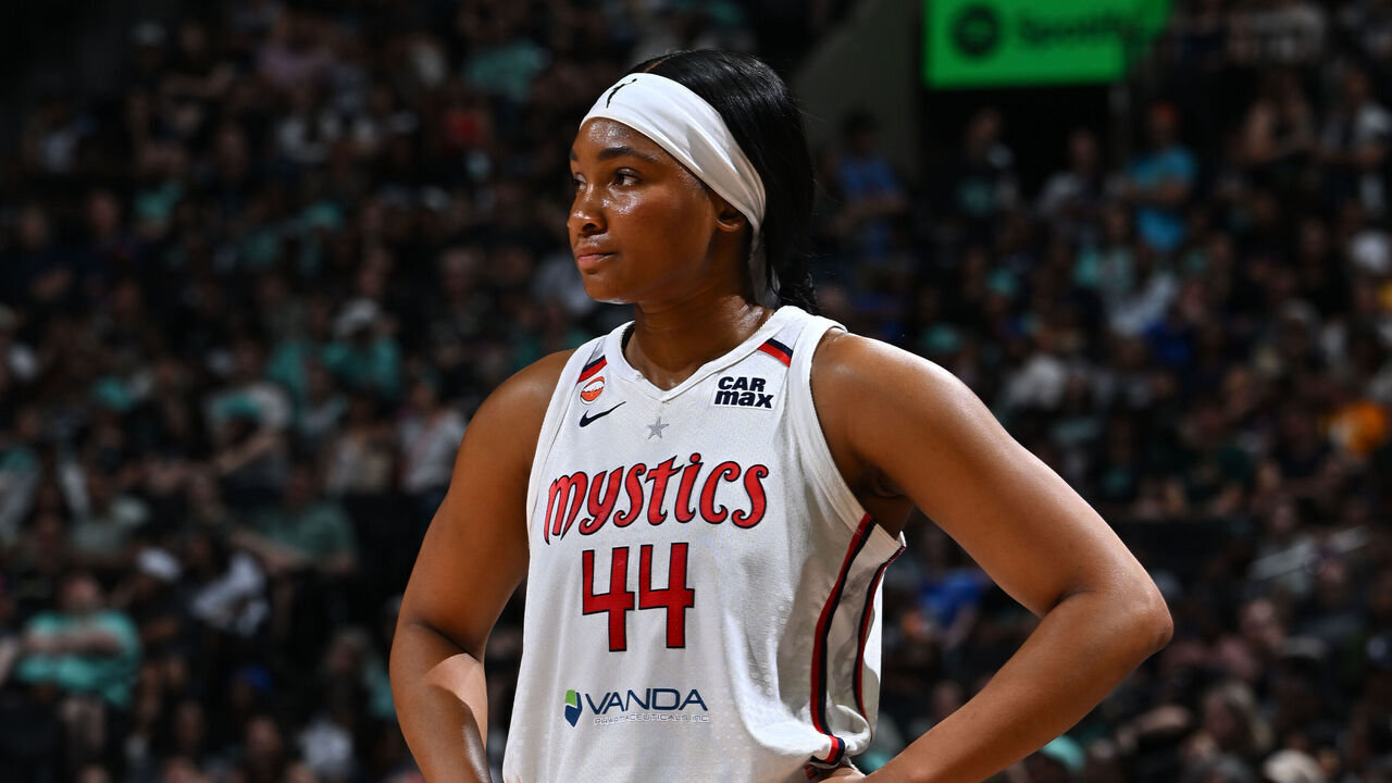 BROOKLYN, NY - JUNE 19: Kiki Iriafen #44 of the Washington Mystics looks on during the game against the New York Liberty on June 19, 2026 at Barclays Center Arena in Brooklyn, New York. Mandatory Copyright Notice: Copyright 2026 NBAE