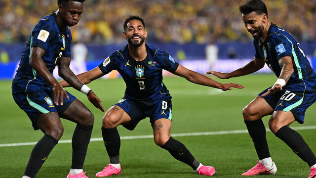 Brazil's forward #09 Matheus Cunha celebrates scoring his team's second goal during the 2026 World Cup Group C football match between Brazil and Haiti at the Philadelphia Stadium in Philadelphia on June 19, 2026.