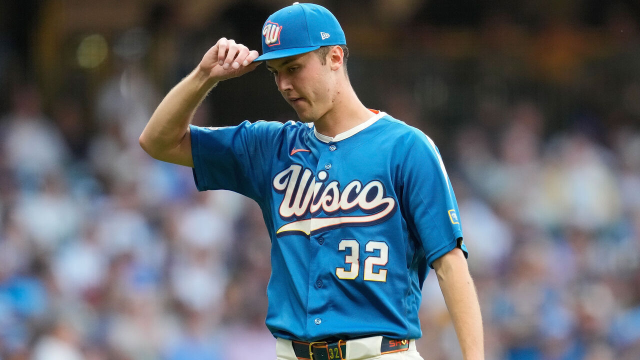 MILWAUKEE, WISCONSIN - JUNE 12: Jacob Misiorowski #32 of the Milwaukee Brewers walks off the mound after the third out of inning against the Philadelphia Phillies at American Family Field on June 12, 2026 in Milwaukee, Wisconsin.
