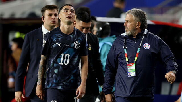 SANTA CLARA, CALIFORNIA - JUNE 19: Miguel Almiron #10 of Paraguay reacts after receiving a red card for covering his mouth while talking to another player during the FIFA World Cup 2026 Group D match between Türkiye and Paraguay at San Francisco Bay Area Stadium on June 19, 2026 in Santa Clara, California.