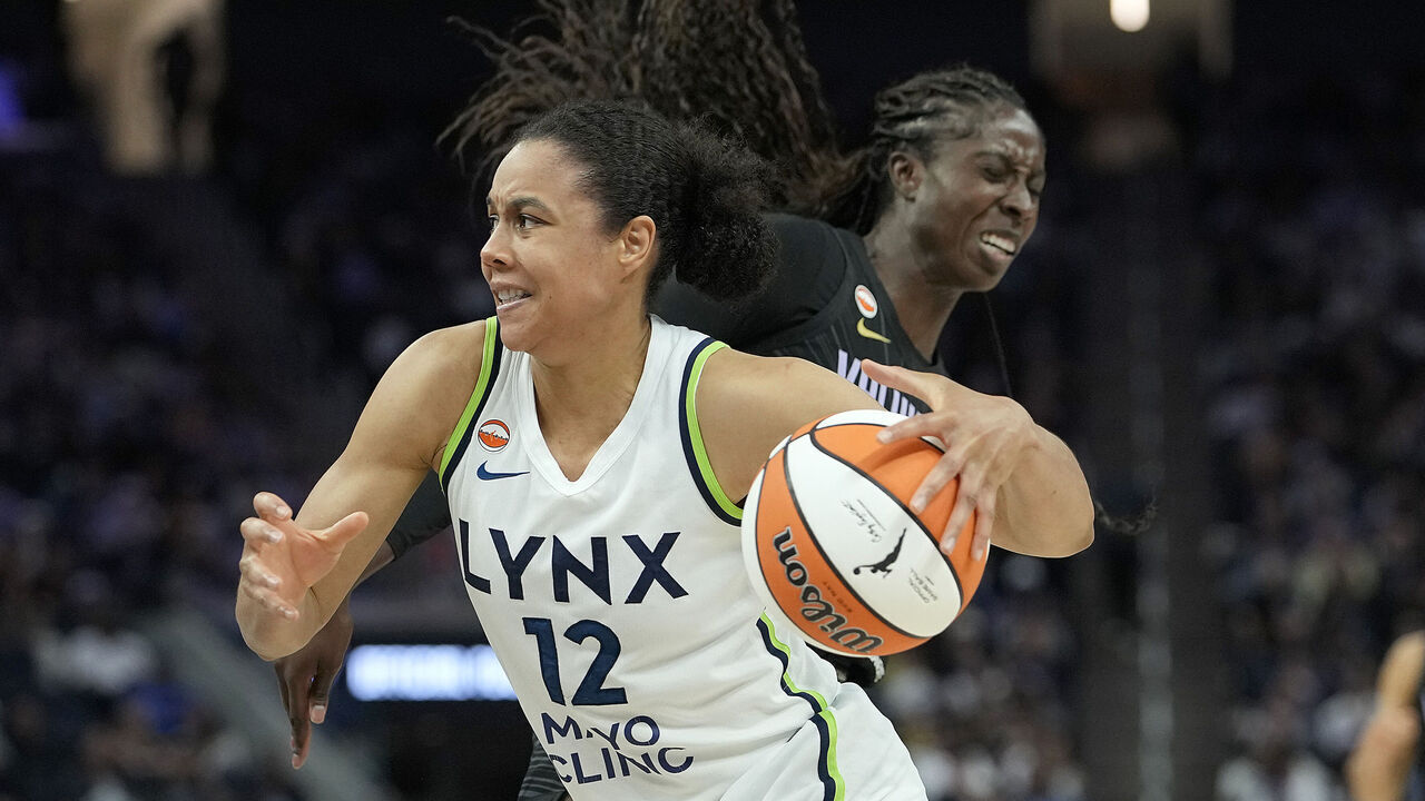 SAN FRANCISCO, CALIFORNIA - JUNE 19: Nia Coffey #12 of the Minnesota Lynx drives to the basket past Laeticia Amihere #3 of the Golden State Valkyries during the second half of the WNBA game at Chase Center on June 19, 2026 in San Francisco, California.