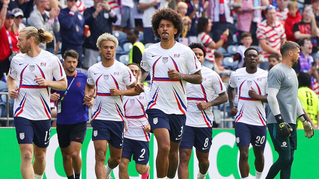 SEATTLE, WASHINGTON - JUNE 19: Chris Richards #3 and players of the United States warm up before the FIFA World Cup 2026 Group D match between USA and Australia at Seattle Stadium on June 19, 2026 in Seattle, Washington.