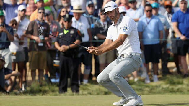 SOUTHAMPTON, NY - JUNE 17: Dustin Johnson of the United States reacts to a missed putt on the 12th green during the final round of the 2018 U.S. Open at Shinnecock Hills Golf Club on June 17, 2018 in Southampton, New York.