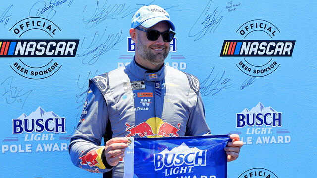 SAN DIEGO, CA - JUNE 20: Shane Van Gisbergen (#97 Trackhouse Racing Red Bull Chevrolet) wins the Busch Light Pole Award for the NASCAR Cup Series Anduril 250 Race the Base race on Saturday June 20, 2026 at Naval Base Coronado in San Diego, CA.