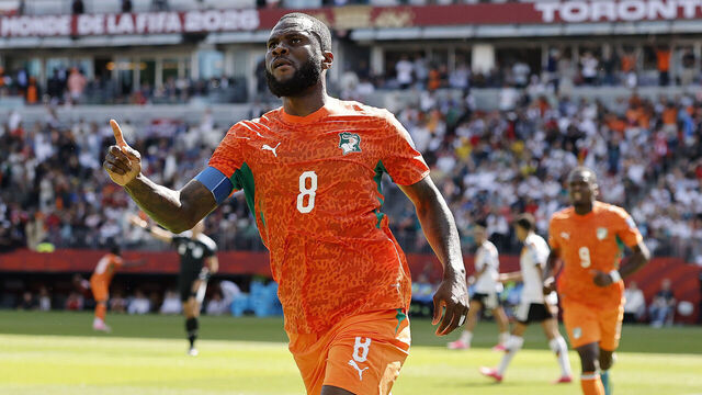 TORONTO, ONTARIO - JUNE 20: Franck Kessie #8 of Cote d'Ivoire celebrates scoring his team's first goal during the FIFA World Cup 2026 Group E match between Germany and Cote D'Ivoire at Toronto Stadium on June 20, 2026 in Toronto, Ontario.