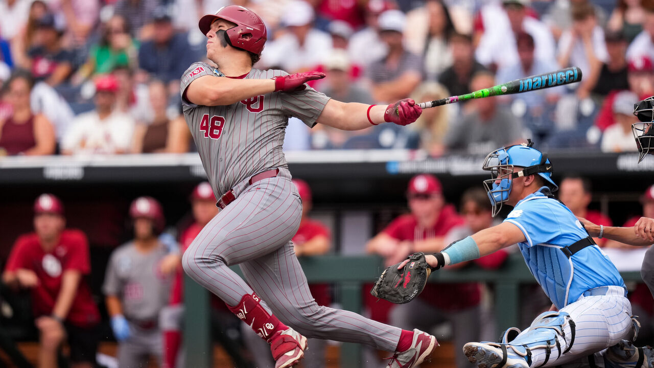 OMAHA, NEBRASKA - JUNE 20: Deiten Lachance #48 of the Oklahoma Sooners hits a home run during the first inning against the North Carolina Tar Heels in Game 1 of the NCAA College World Series baseball finals at Charles Schwab Field on June 20, 2026 in Omaha, Nebraska.