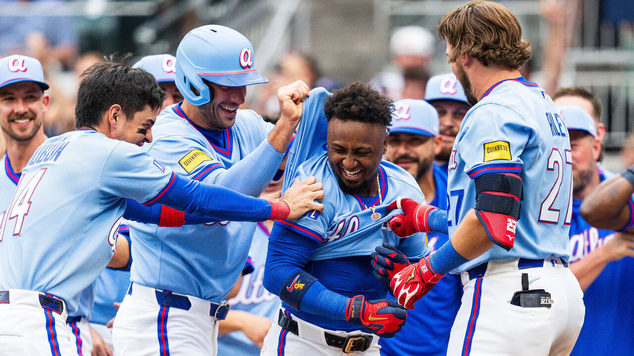 ATLANTA, GA - JUNE 20: Ozzie Albies #1 of the Atlanta Braves celebrates with teammates after hitting a walk-off, two-run home run in the ninth inning during the game against the Milwaukee Brewers at Truist Park on June 20, 2026 in Atlanta, Georgia.