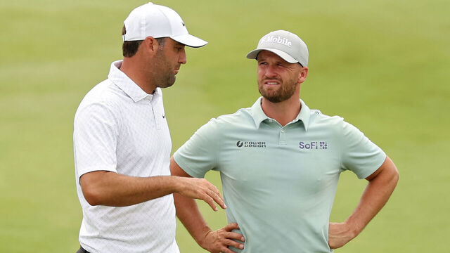 MCKINNEY, TEXAS - MAY 23: Scottie Scheffler of the United States (L) and Wyndham Clark of the United States meet on the 14th hole during the third round of THE CJ CUP Byron Nelson 2026 at TPC Craig Ranch on May 23, 2026 in McKinney, Texas.