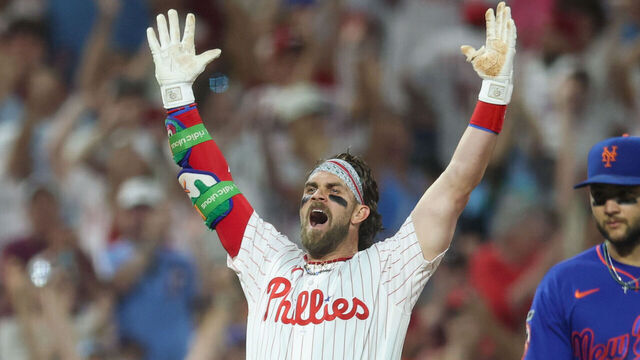 PHILADELPHIA, PA - JUNE 20: Bryce Harper #3 of the Philadelphia Phillies celebrates on third base after hitting for his first career cycle with a two-run triple in the fifth inning during the game between the New York Mets and the Philadelphia Phillies at Citizens Bank Park on Saturday, June 20, 2026 in Philadelphia, Pennsylvania.