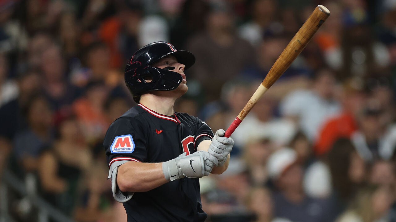 HOUSTON, TEXAS - JUNE 20: Travis Bazzana #37 of the Cleveland Guardians hits a three run home run in the fifth inning against the Houston Astros at Daikin Park on June 20, 2026 in Houston, Texas.