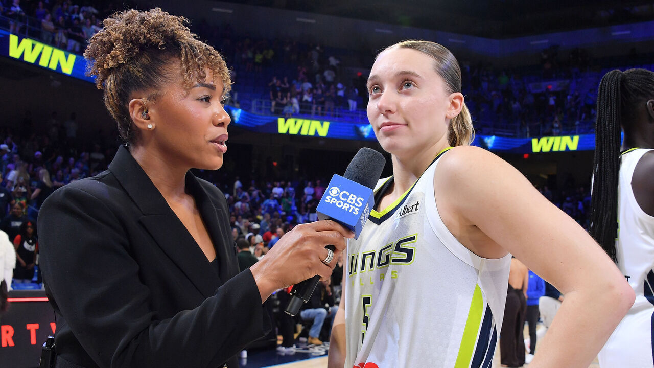 ARLINGTON, TX - JUNE 20: Paige Bueckers #5 of the Dallas Wings talks to the media after the game against the Chicago Sky on June 20, 2026 at the College Park Center in Arlington, TX. Mandatory Copyright Notice: Copyright 2026 NBAE
