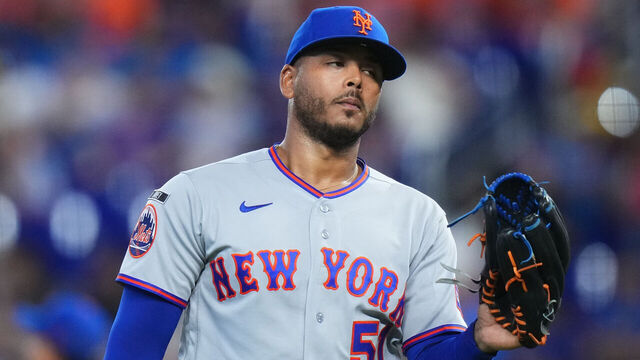 MIAMI, FLORIDA - MAY 23: Freddy Peralta #51 of the New York Mets looks on during a game against the Miami Marlins at loanDepot park on May 23, 2026 in Miami, Florida.