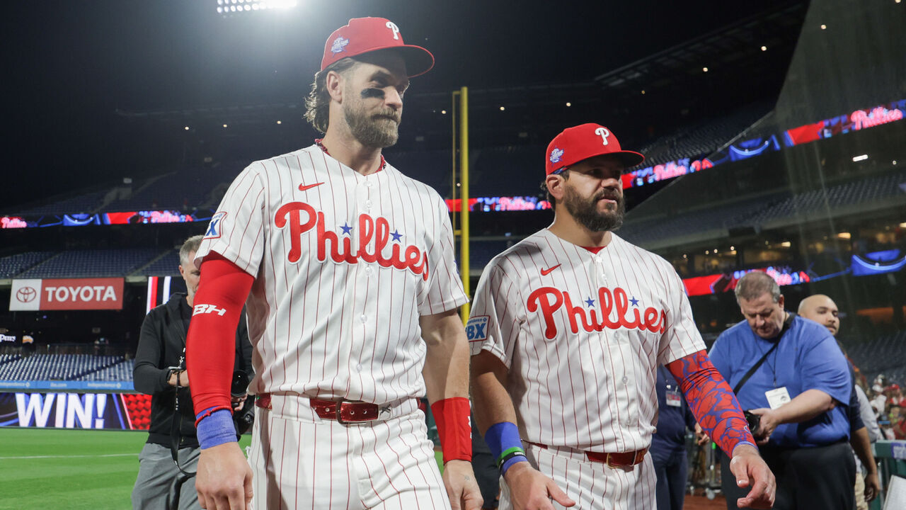 PHILADELPHIA, PA - JUNE 20: Bryce Harper #3 and Kyle Schwarber #12 of the Philadelphia Phillies leave the field after defeating the New York Mets at Citizens Bank Park on Saturday, June 20, 2026 in Philadelphia, Pennsylvania.