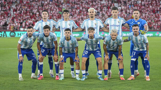 ALMERIA, SPAIN - JUNE 20: Players of Malaga CF pose for photo during the Liga Hypermotion, second leg of the Playoff for LaLiga EA Sports promotion, football match played between UD Almeria and Malaga CF at UD Almeria stadium on June 20, 2026, in Almeria, Spain.