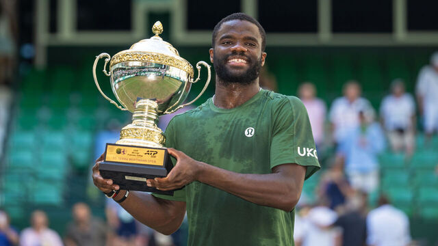 HALLE, GERMANY - JUNE 21: Frances Tiafoe of the United States celebrates winning the final match during day nine of the Terra Wortmann Open 2026 at OWL-Arena on June 21, 2026 in Halle, Germany.