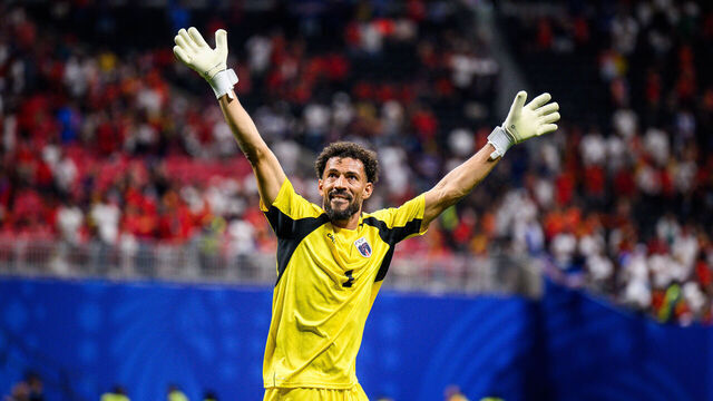 ATLANTA, GEORGIA - JUNE 15: Vozinha of Cabo Verde shows appreciation to the fans after the FIFA World Cup 2026 Group H match between Spain and Cabo Verde at Atlanta Stadium on June 15, 2026 in Atlanta, Georgia.