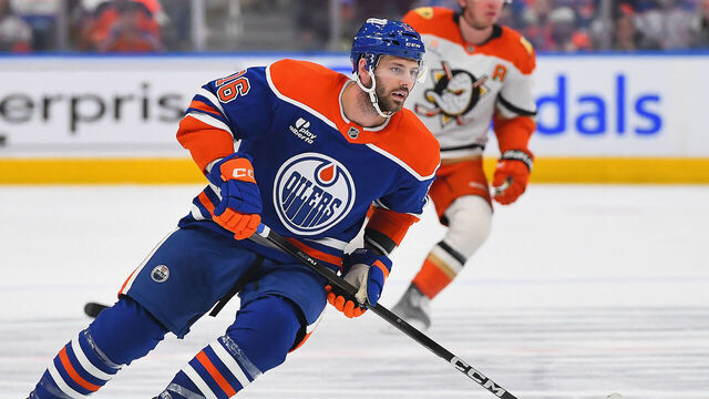 EDMONTON, CANADA - APRIL 28: Jason Dickinson #16 of the Edmonton Oilers in action during Game Five of the First Round of the 2026 Stanley Cup Playoffs against the Anaheim Ducks at Rogers Place on April 28, 2026, in Edmonton, Alberta, Canada.