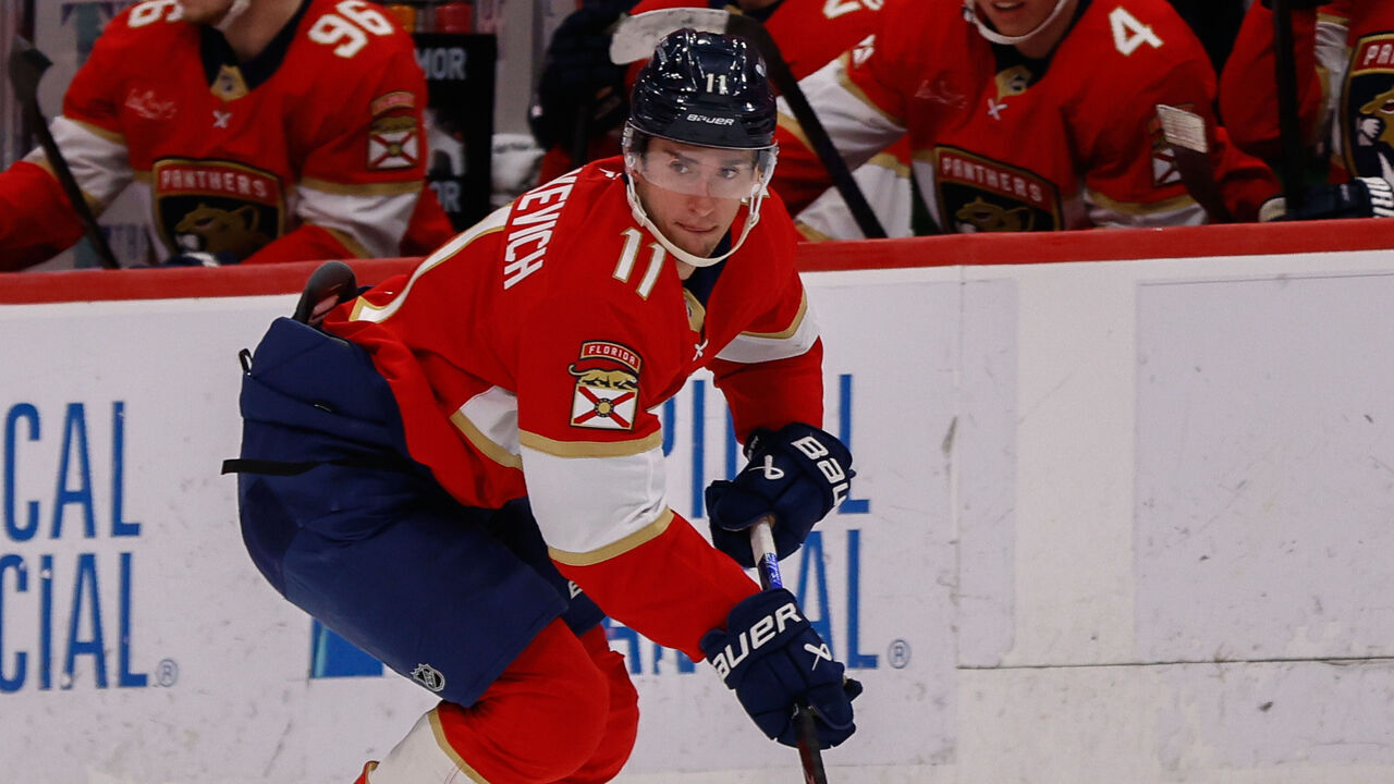 SUNRISE, FL - APRIL 15 : Florida Panthers right wing MacKie Samoskevich (11) skates with the puck during a NHL game between the Detroit Red Wings and the Florida Panthers on April 15, 2026 at Amerant Bank Arena in Sunrise, FL.