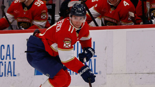 SUNRISE, FL - APRIL 15 : Florida Panthers right wing MacKie Samoskevich (11) skates with the puck during a NHL game between the Detroit Red Wings and the Florida Panthers on April 15, 2026 at Amerant Bank Arena in Sunrise, FL.