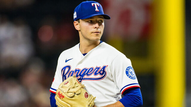 ARLINGTON, TEXAS - JUNE 06: Jack Leiter #22 of the Texas Rangers pitches during a game against the Cleveland Guardians at Globe Life Field on June 06, 2026 in Arlington, Texas.