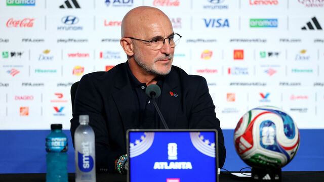 ATLANTA, GEORGIA - JUNE 21: Luis de la Fuente, Head Coach of Spain, attends the post match press conference after the FIFA World Cup 2026 Group H match between Spain and Saudi Arabia at Atlanta Stadium on June 21, 2026 in Atlanta, Georgia.