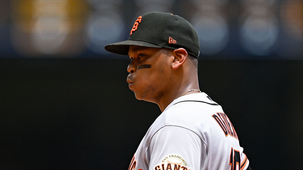 ATLANTA, GA - JUNE 17: San Francisco first baseman Rafael Devers (16) reacts during the MLB game between the San Francisco Giants and the Atlanta Braves on June 17th, 2026 at Truist Park in Atlanta, GA.