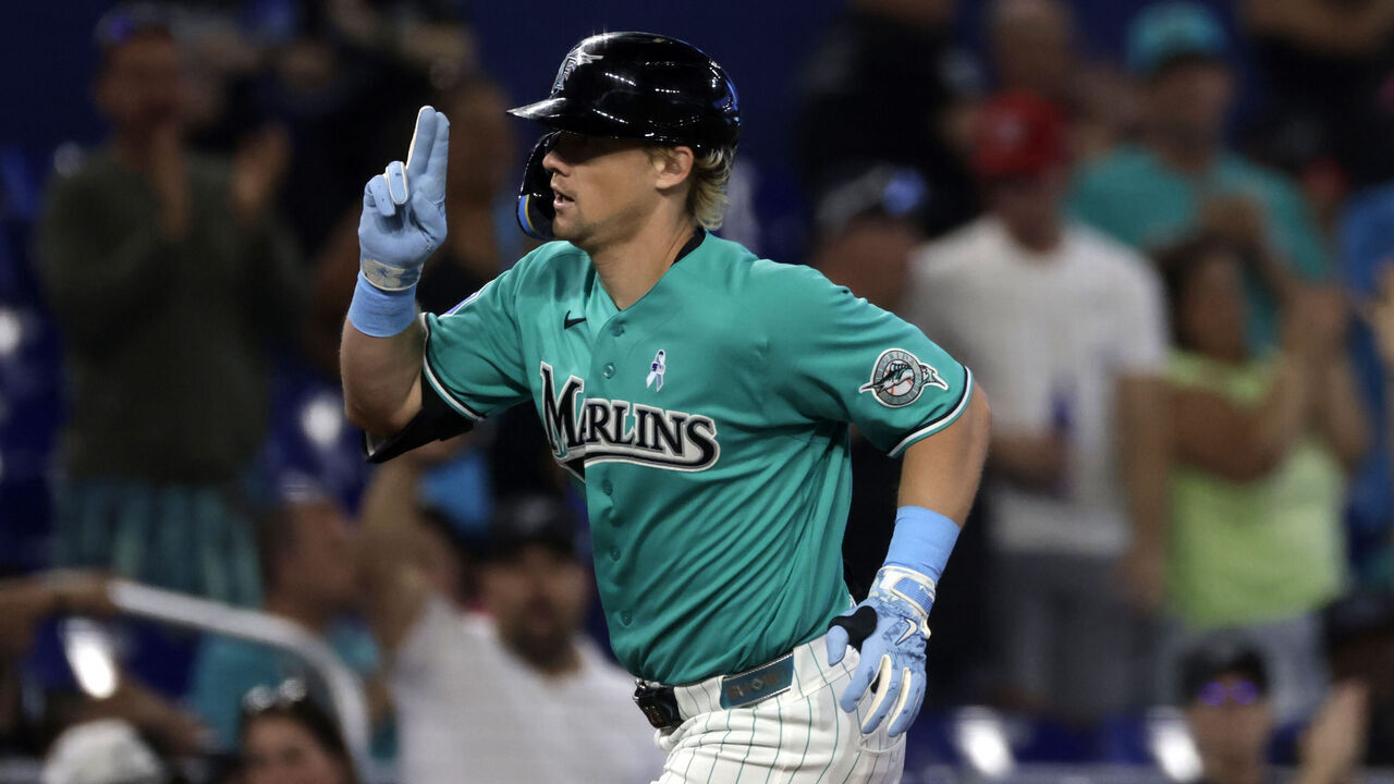 MIAMI, FLORIDA - JUNE 21: Kyle Stowers #28 of the Miami Marlins celebrates hitting a home run against the San Francisco Giants at loanDepot park on June 21, 2026 in Miami, Florida.