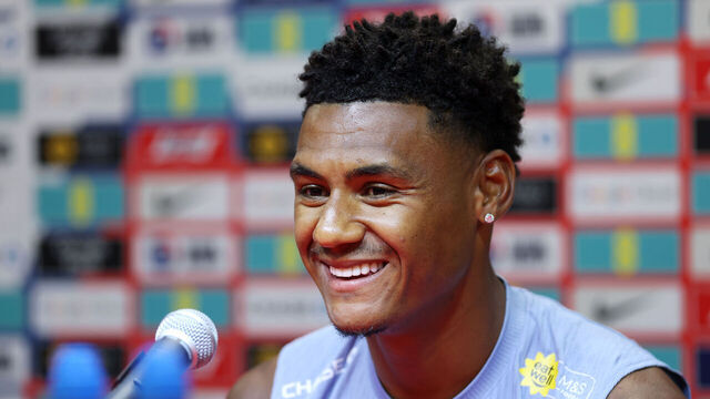 KANSAS CITY, KANSAS - JUNE 21: Ollie Watkins #19 of England speaks to the media during an England Press Conference during an England FIFA World Cup 2026 Camp on June 21, 2026 in Kansas City, Kansas.