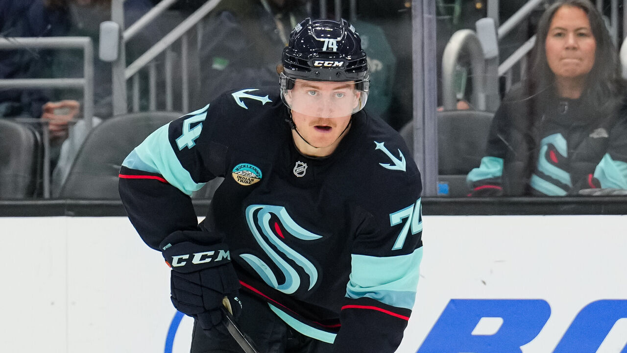 SEATTLE, WASHINGTON - APRIL 11: Bobby McMann #74 of the Seattle Kraken skates with the puck against the Calgary Flames during the second period at Climate Pledge Arena on April 11, 2026 in Seattle, Washington.