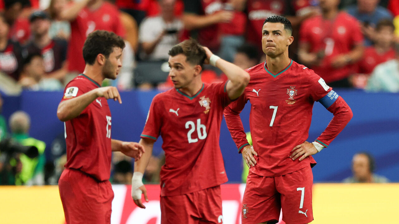 HOUSTON, TX - JUNE 17: Cristiano Ronaldo #7 of Portugal shows his frustration on the pitch while next to teammate Joao Neves #15 of Portugal and Francisco Conceicao #26 of Portugal during the FIFA World Cup 2026 Group K match between Portugal and Congo DR on June 17, 2026, at Houston Stadium in Houston, Texas.
