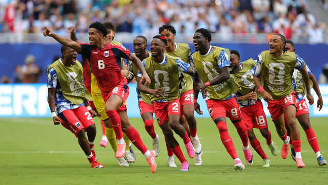 MIAMI GARDENS, FLORIDA - JUNE 21: Kevin Pina #6 of Cabo Verde celebrates with teammates after scoring the team's first goal during the FIFA World Cup 2026 Group H match between Uruguay and Cabo Verde at Miami Stadium on June 21, 2026 in Miami Gardens, Florida.