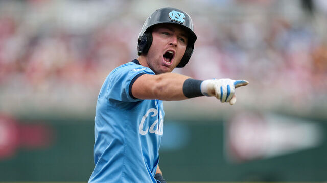 OMAHA, NEBRASKA - JUNE 21: Cooper Nicholson #1 of the North Carolina Tar Heels gestures to the dugout during the third inning against the Oklahoma Sooners in Game 2 of the NCAA College World Series baseball finals at Charles Schwab Field on June 21, 2026 in Omaha, Nebraska.