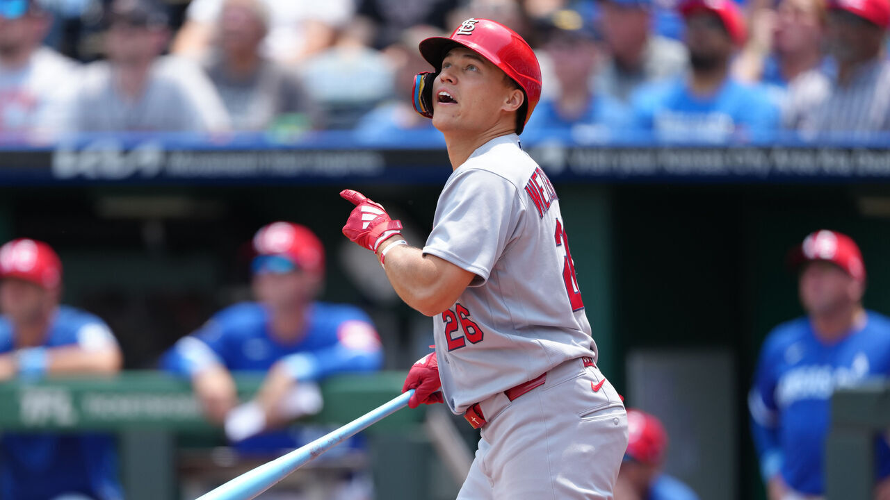 KANSAS CITY, MISSOURI - JUNE 21: JJ Wetherholt #26 of the St. Louis Cardinals hits a two-run home run in the second inning against the Kansas City Royals at Kauffman Stadium on June 21, 2026 in Kansas City, Missouri.
