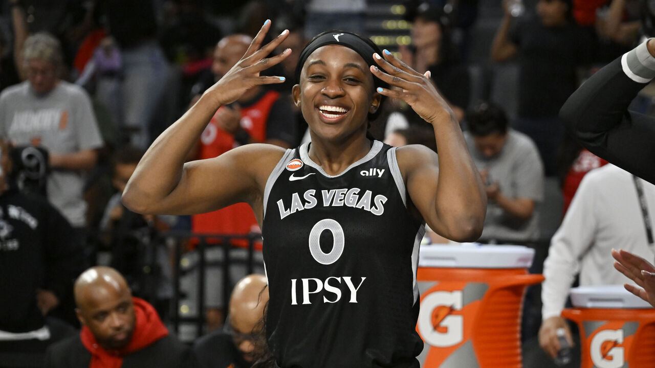 LAS VEGAS, NV - JUNE 21: Jackie Young #0 of the Las Vegas Aces smiles during the game against the Golden State Valkyries on June 21, 2026 at Michelob ULTRA Arena in Las Vegas, Nevada. Mandatory Copyright Notice: Copyright 2026 NBAE