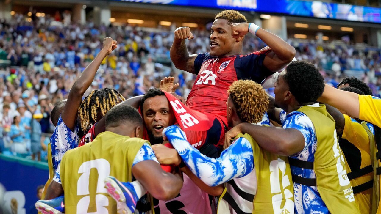 Miami, United States - June 21: Helio Varela of Cabo Verde celebrates after scoring his team's second goal with teammates during the FIFA World Cup 2026 Group H match between Uruguay and Cabo Verde at Miami Stadium on June 21, 2026 in Miami, United States.