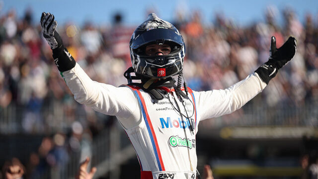 SAN DIEGO, CALIFORNIA - JUNE 21: Corey Heim, driver of the #67 Mobil 1/O'Reilly Auto Parts Toyota, celebrates after winning the NASCAR Cup Series Anduril 250 at Naval Base Coronado on June 21, 2026 in San Diego, California.