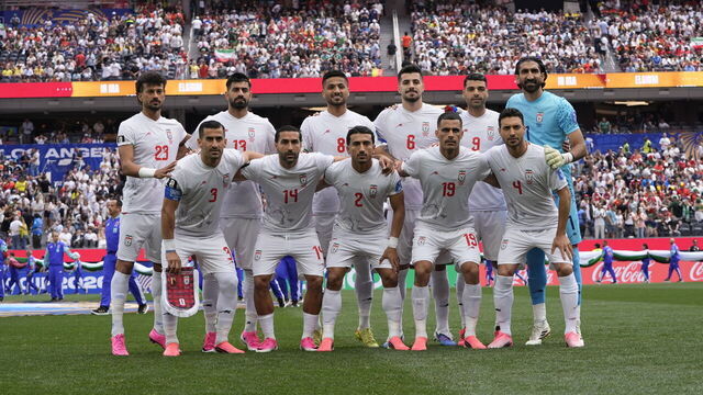 LOS ANGELES, CALIFORNIA - JUNE 21: Team of Iran pose to photographers before the 2026 FIFA World Cup First Stage Group G match between IR Iran and Belgium at the Los Angeles Stadium (SoFi Stadium) in Inglewood, California, United States on June 21, 2026.