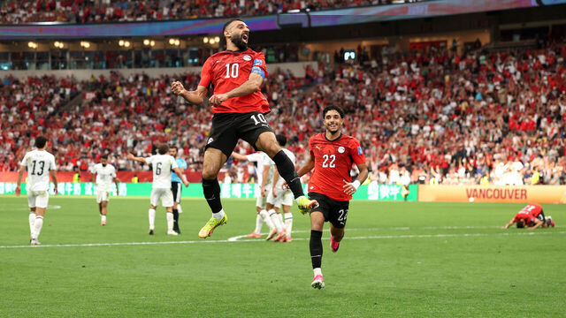 VANCOUVER, BRITISH COLUMBIA - JUNE 21: Mohamed Salah #10 of Egypt celebrates scoring his team's second goal during the FIFA World Cup 2026 Group G match between New Zealand and Egypt at BC Place Vancouver on June 21, 2026 in Vancouver, British Columbia.