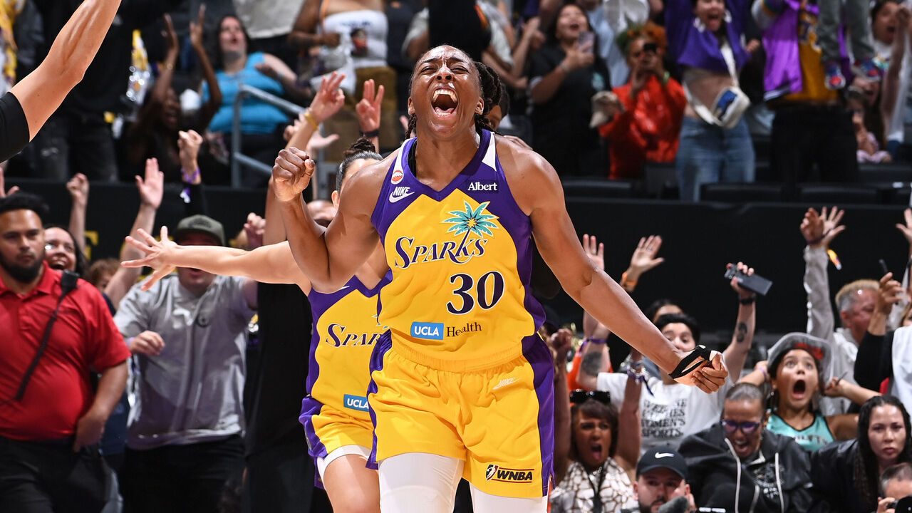 LOS ANGELES, CA - JUNE 21: Nneka Ogwumike #30 of the Los Angeles Sparks celebrates after shooting a game winning three point basket during the game against the New York Liberty on June 21, 2026 at Crypto.com Arena in Los Angeles, California. NOTE TO USER: User expressly acknowledges and agrees that, by downloading and/or using this Photograph, user is consenting to the terms and conditions of the Getty Images License Agreement. Mandatory Copyright Notice: Copyright 2026 NBAE