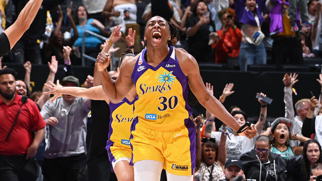 LOS ANGELES, CA - JUNE 21: Nneka Ogwumike #30 of the Los Angeles Sparks celebrates after shooting a game winning three point basket during the game against the New York Liberty on June 21, 2026 at Crypto.com Arena in Los Angeles, California. NOTE TO USER: User expressly acknowledges and agrees that, by downloading and/or using this Photograph, user is consenting to the terms and conditions of the Getty Images License Agreement. Mandatory Copyright Notice: Copyright 2026 NBAE