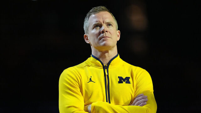 College Basketball: NCAA Finals: Michigan Head Coach Dusty May looks on from the sideline vs UConn at Lucas Oil Stadium. Indianapolis, IN 4/6/2026 CREDIT: Erick W. Rasco