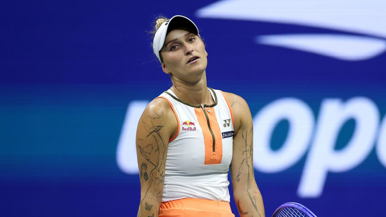 NEW YORK, NEW YORK - AUGUST 31: Marketa Vondrousova of Czechia reacts against Elena Rybakina of Kazakhstan during their Women's Singles Fourth Round match on Day Eight of the 2025 US Open at USTA Billie Jean King National Tennis Center on August 31, 2025 in the Flushing neighborhood of the Queens borough of New York City.
