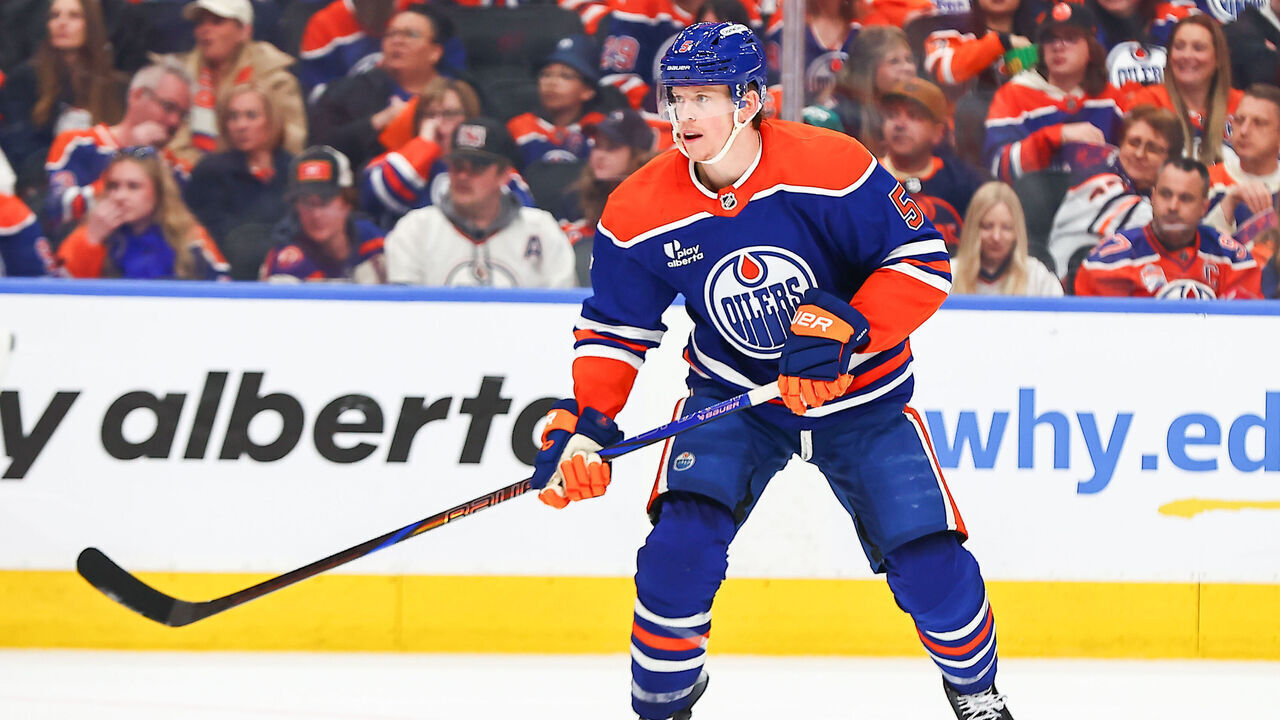EDMONTON, AB - APRIL 22: Edmonton Oilers Defenceman Connor Murphy (5) in game action in the second period of the during the Edmonton Oilers versus Anaheim Ducks game two Stanley Cup Playoffs First Round game on April 22, 2026 at Rogers Place in Edmonton, AB.