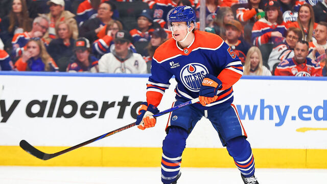 EDMONTON, AB - APRIL 22: Edmonton Oilers Defenceman Connor Murphy (5) in game action in the second period of the during the Edmonton Oilers versus Anaheim Ducks game two Stanley Cup Playoffs First Round game on April 22, 2026 at Rogers Place in Edmonton, AB.