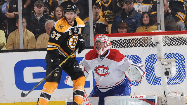 BOSTON, MA -MAY 1: Patrice Bergeron #37 of the Boston Bruins watches the play against Carey Price #31 of the Montreal Canadiens in Game One of the Second Round of the 2014 Stanley Cup Playoffs at TD Garden on May 1, 2014 in Boston, Massachusetts.