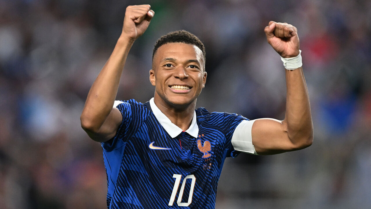 PHILADELPHIA, PENNSYLVANIA - JUNE 22: Kylian Mbappe #10 of France celebrates scoring his team's second goal during the FIFA World Cup 2026 Group I match between France and Iraq at Philadelphia Stadium on June 22, 2026 in Philadelphia, Pennsylvania.