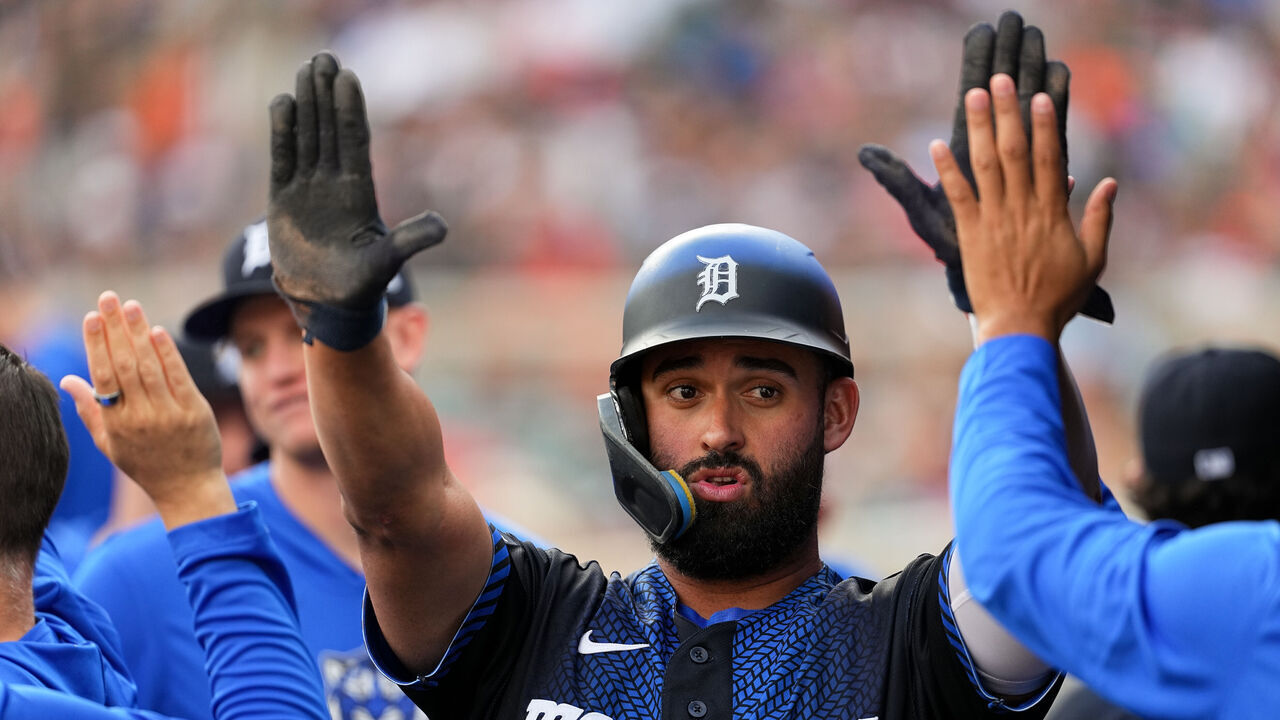 DETROIT, MI - JUNE 22: Riley Greene #31 of the Detroit Tigers celebrates with teammates in the dugout after scoring in the third inning during the game between the New York Yankees and the Detroit Tigers at Comerica Park on Monday, June 22, 2026 in Detroit, Michigan.