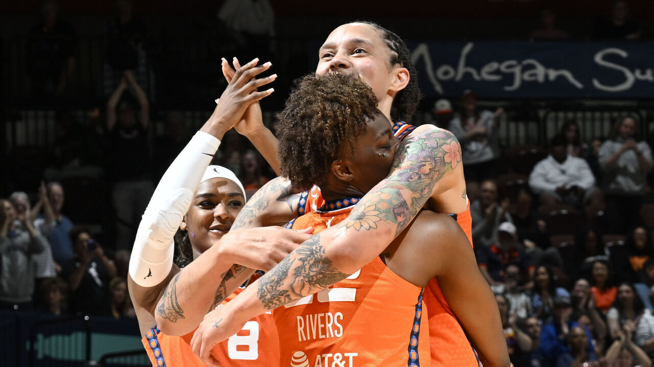 UNCASVILLE, CT - JUNE 22: Saniya Rivers #22 and Brittney Griner #42 of the Connecticut Sun hug during the game against the Chicago Sky on June 22, 2026 at the Mohegan Sun Arena in Uncasville, Connecticut. Mandatory Copyright Notice: Copyright 2026 NBAE