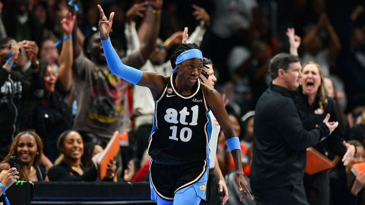 ATLANTA, GA - JUNE 22: Atlanta guard Rhyne Howard (10) reacts after making a three-pointer during the WNBA game between the Toronto Tempo and the Atlanta Dream on June 22nd, 2026 at State Farm Arena in Atlanta, GA.
