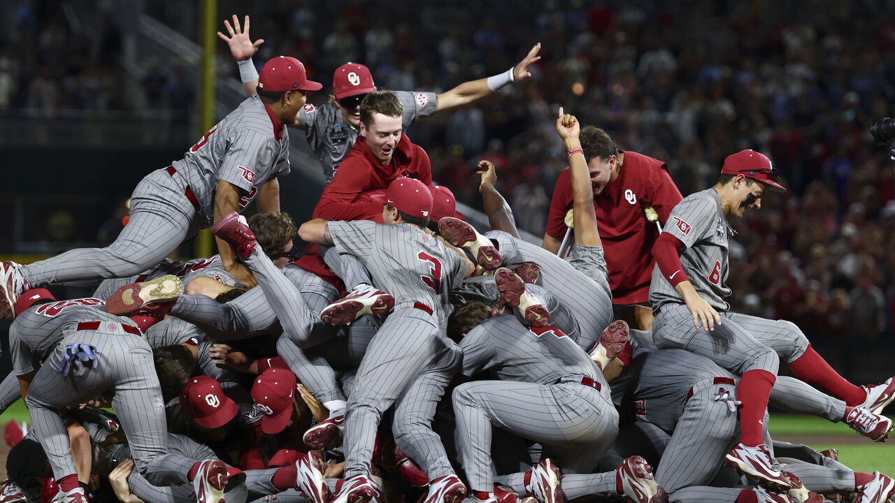 OMAHA, NEBRASKA - JUNE 22: The Oklahoma Sooners celebrate after defeating the North Carolina Tar Heels to win the Division I Baseball Championship held at Charles Schwab Field on June 22, 2026 in Omaha, Nebraska.